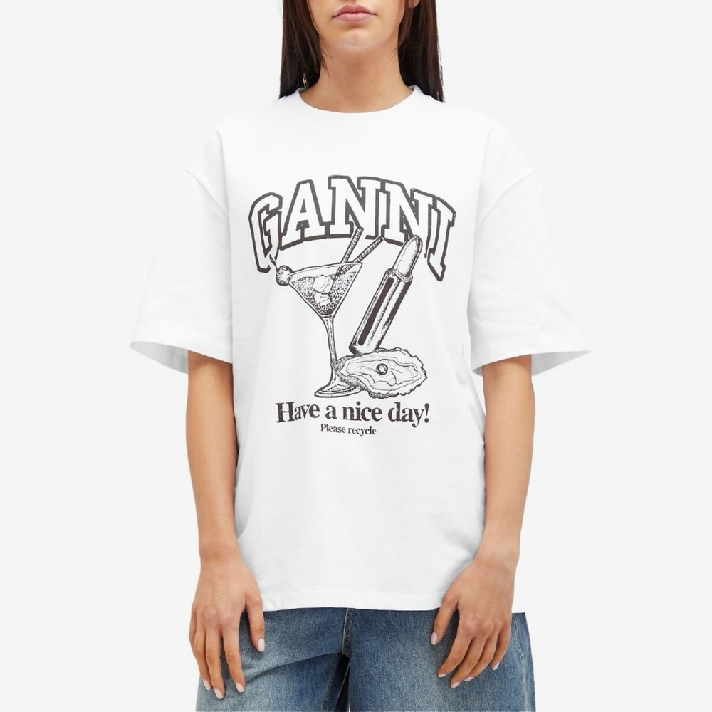 GANNI Women Future Heavy Jersey Cocktail T-Shirt Have a Nice Day Oyster White M